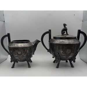 Antique Wilcox Silver Plate #1874 Sugar Creamer Set Stag Deer Hound Victorian